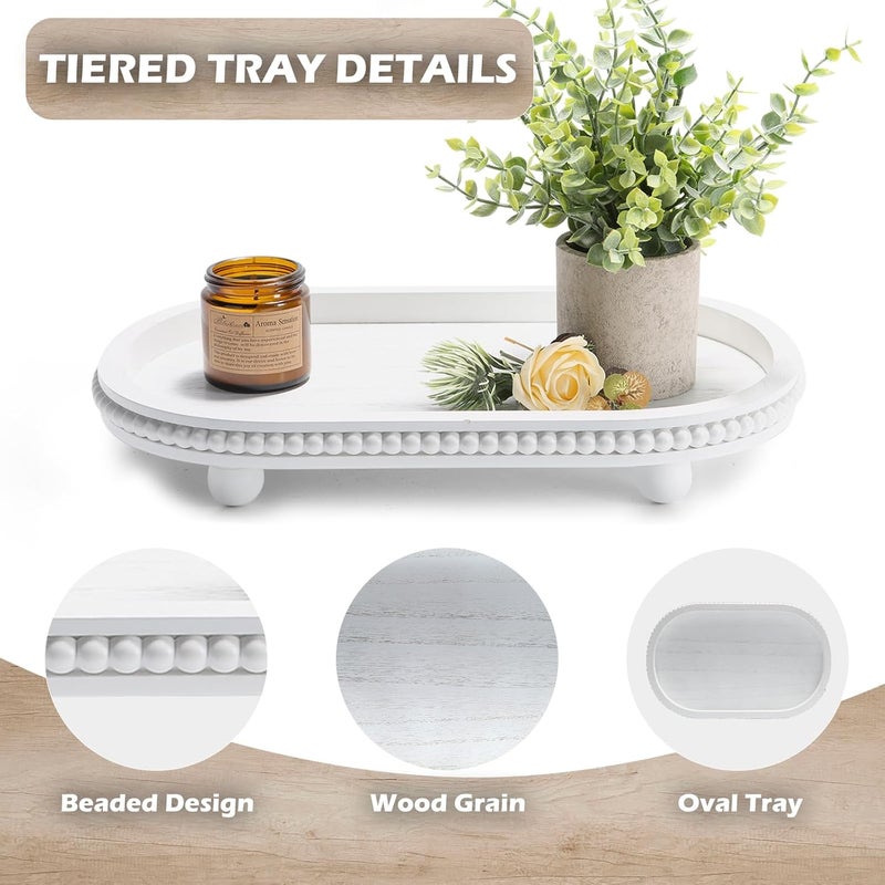SYNCVIBE Wooden Decorative Tray for Home Decor, Beaded White Oval Tray Decor for Coffee Table, Rustic Wood Serving Trays Farmhouse Centerpieces for Living Room Kitchen Counter (White Oval) - Image 2